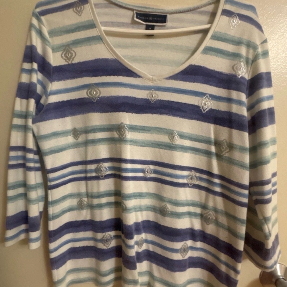 Karen Scott Blue and White Striped Top